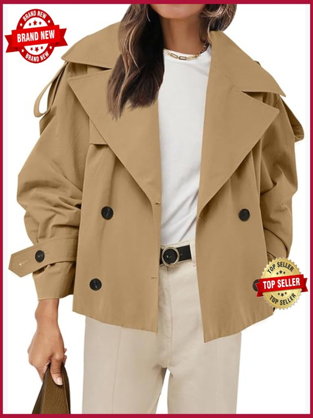 Cropped Trench Coat Double Breasted Short Jacket with Belt